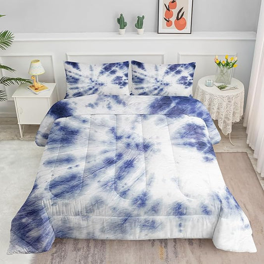Tie Dye Comforter Set Blue Tie Dye Printed Pattern Bedding Set with 1 Comforter and 2 Pillowcases for Girls Boys Bedroom All Season(Dye Full)