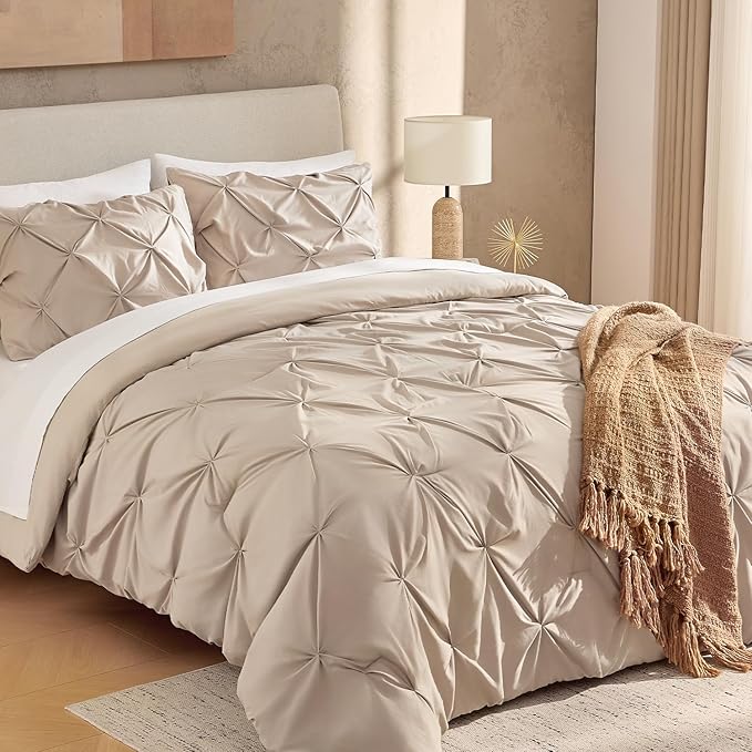 Andency Wheat Comforter Queen Size(90x90Inch), 3 Pieces Lightweight Pinch Pleat Comforter Sets for Queen Bed, Soft Microfiber Bedding Comforter Set(1 Pintuck Comforter and 2 Pillowcases)