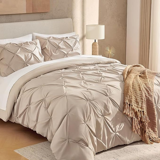 Andency Wheat Comforter Queen Size(90x90Inch), 3 Pieces Lightweight Pinch Pleat Comforter Sets for Queen Bed, Soft Microfiber Bedding Comforter Set(1 Pintuck Comforter and 2 Pillowcases)