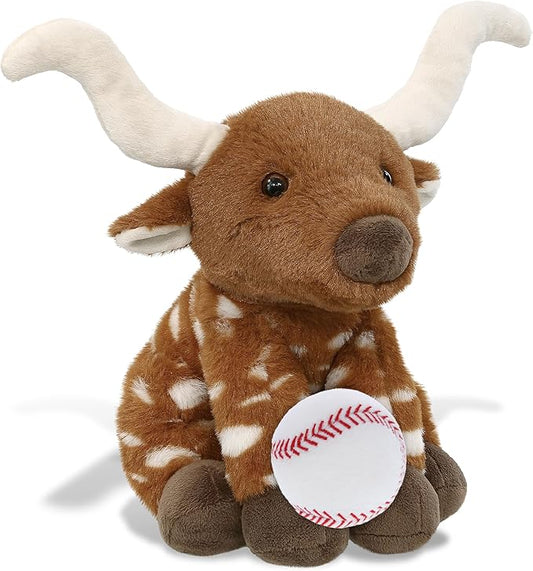 DolliBu Floppy Longhorn Stuffed Animal with Baseball Plush - Soft and Huggable Longhorn Gift, Cute Wild Animal with Plush Baseball Toy for Kids, Adults with Name Personalization - 10 Inches