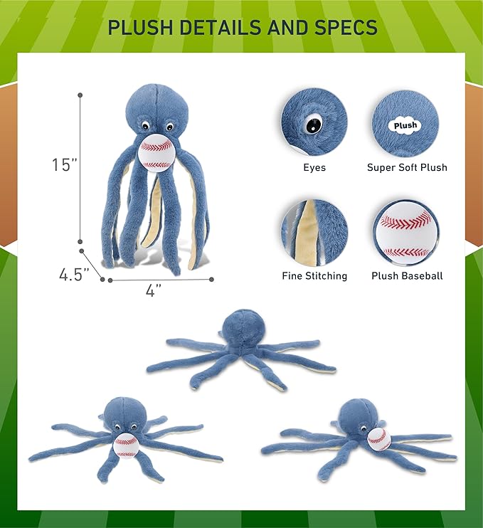DolliBu Blue Octopus Stuffed Animal with Baseball Plush – Soft & Huggable 15-Inch Ocean Toy with Name Personalization for Kids & Adults