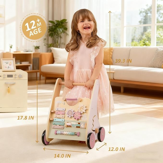 Wooden Baby Walker with Anti-Tip Design, Montessori Activity Center for Babies 6-18 Months, Sit-to-Stand Push Toy with Sensory Features – Ideal Learning Walk Gift for Toddlers