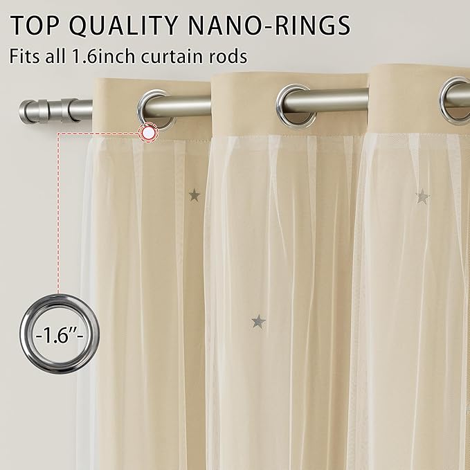 XiDi Beige Curtains with Sheer Overlay for Living Room Bedroom Small Window 2 Panels 80% Blackout Double Layer Star Curtains for Kids Girls Room Darkening Grommet Drapes with Tiebacks W34 X L45