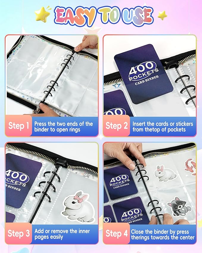 4 Pocket Card Binder with 20 Stickers, Trading Card Binder for 400 Cards, Card Collection Binder, Cute Mini Cards Binder, Sticker Organizer, Kpop Photocard Binder (Black)