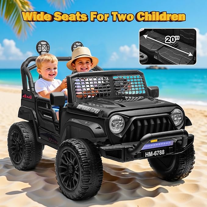 2 Seater Ride on Car for Kids, 24V Electric Vehicles w/20 Large Wide Seat, 4 Wheeler Suspension, Remote Control, 3 Speed, Bluetooth Music, Ride on Truck for Boy, Girl 3-8 Years Old, Black