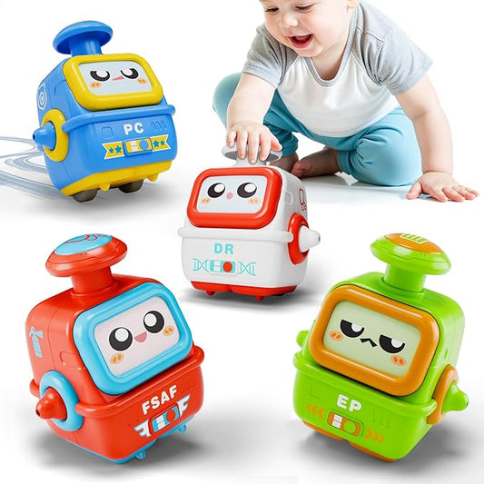 iPlay, iLearn Press to Go Robot Car Toys for Toddlers 1-3, Baby Push Go Friction Race Cars for 12 18 24 Month, 4pcs Infant Play Bot Vehicle Set, 1st Birthday Gifts for 1 2 3 Year Old Boys Girls Child