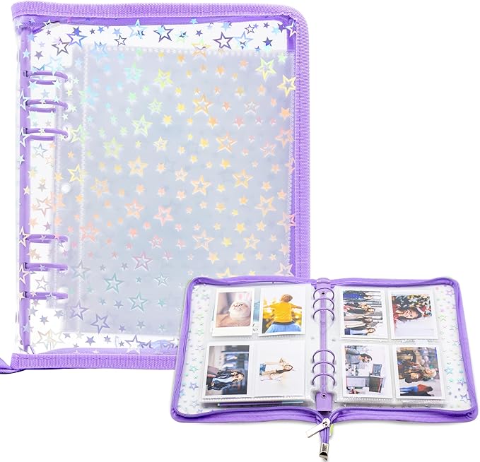 Kpop Photocard Binder Holder with 30 Pack 4-Pocket Inner Pages, A5 6 Ring Cover Album Book with Zipper for Organizing Trading Card (Purple)