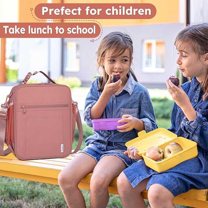 NOL Nylon Waterproof Kids Lunch Bag, Insulated Lunch Bag, Lunch box Cooler, Reusable, Zip Closure with Buckle Handle Holds Lunch Box, Snacks & Water Bottle for School Work, Dark pink