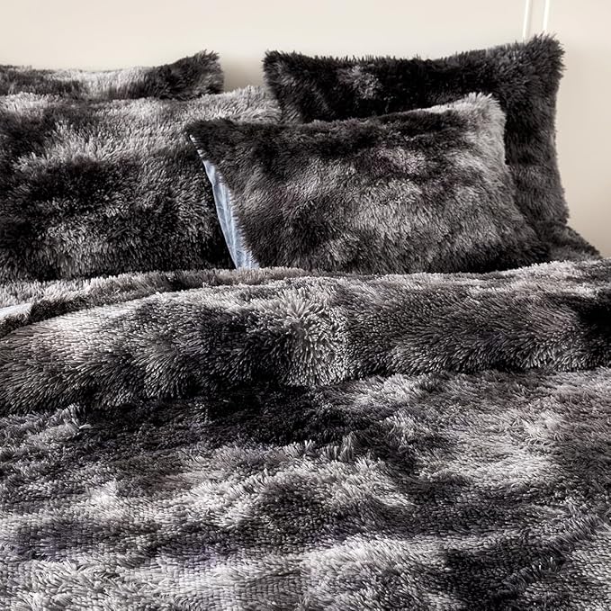 PERFEMET 3 Pcs Dark Grey Plush Comforter Set Queen Size Long Hair Faux Fur Tie Dye Bed Set for Women Adults Super Soft Cozy Fluffy Fuzzy Shaggy Bedding Sets(Dark Grey, Queen)