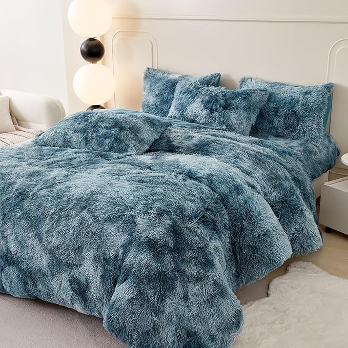 PERFEMET Fuzzy Faux Fur Comforter Set Queen Size 3 Pcs Colorful Plush Shaggy Tie Dye Teal Blue Bedding Set Ultra Soft Comfy Fluffy Furry Velvet Quilt Set(Turquoise, Queen)