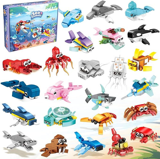 24 Packs Favors Kids Building Blocks Sea Animals Pool Party Favors Building Set for Birthday, Goodie Bag Stuffers, Classroom Prizes, Easter for Boys and Girls Ages 6-12