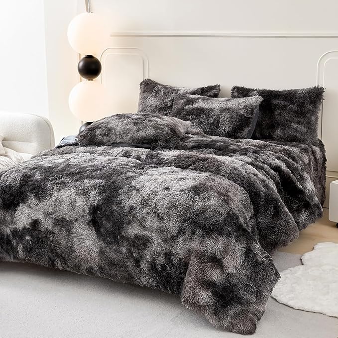 PERFEMET 3 Pcs Dark Grey Plush Comforter Set Queen Size Long Hair Faux Fur Tie Dye Bed Set for Women Adults Super Soft Cozy Fluffy Fuzzy Shaggy Bedding Sets(Dark Grey, Queen)