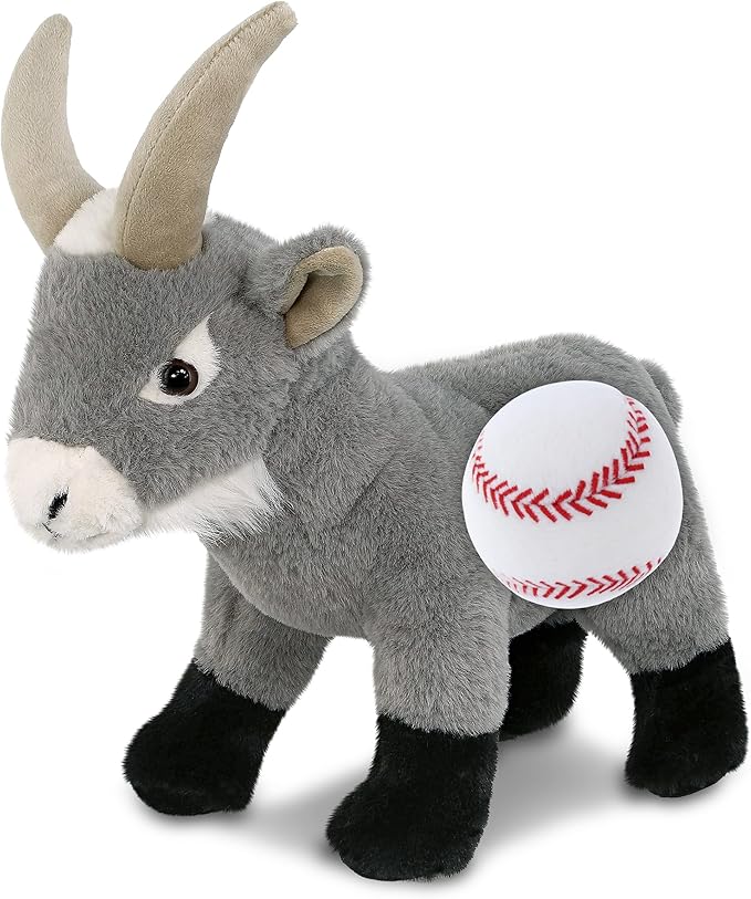 DolliBu Grey Goat Stuffed Animal with Baseball Plush – Soft, Huggable 12-Inch Toy with Name Personalization for Kids & Adults