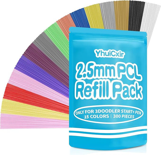 300 Pieces 3D Pen Refills Pack for 3Doodler Start+ Pen 15 Colors 2.5 mm Low Temperature 3D Pencil PCL Filaments Not Compatible with Other 3D Printing Pens