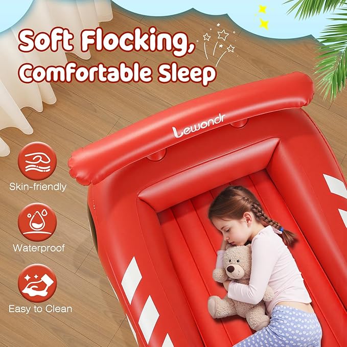 Lewondr Inflatable Kids Bed, Racecar Toddler Air Mattress with Safety Bumpers, Toddler Blow up Mattress with Hand Pump, Portable Toddler Travel Bed for Camping, Sleepovers, Vacation & Home, Red