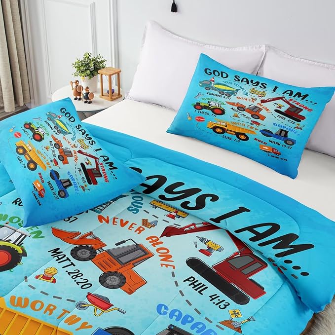 Boys Construction Vehicles Truck Comforter Set Full,Christian Kids God Says I Am Construction Bedding Set,Car Excavator Tractor Bedroom Set（1 Comforter 2 Pillowcase） Blue