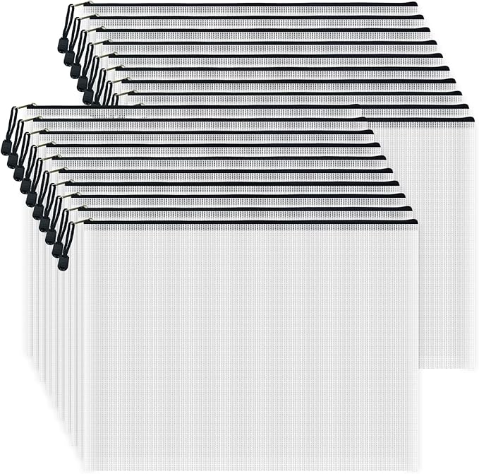 AUSTARK 20 Pcs Zipper File Bags, Plastic Mesh Pouch, Board Game Storage Bag, Waterproof Bags for Office School (A3 Size 16.9''x12'', White and Black)