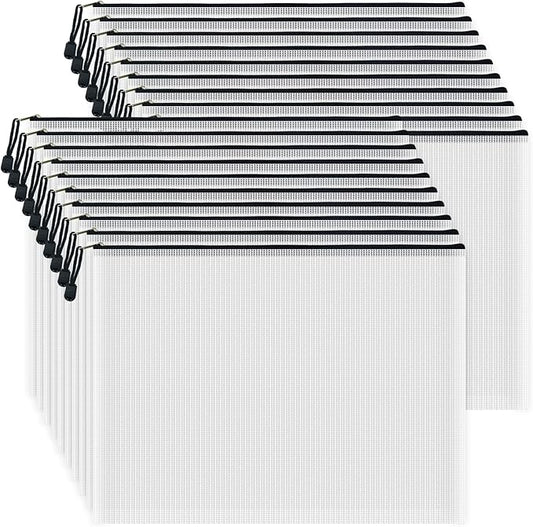 AUSTARK 20 Pcs Zipper File Bags, Plastic Mesh Pouch, Board Game Storage Bag, Waterproof Bags for Office School (A3 Size 16.9''x12'', White and Black)