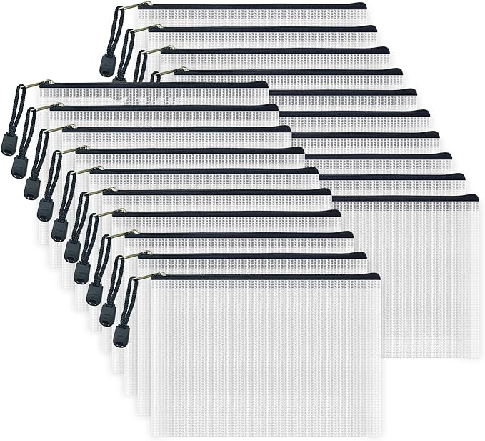 AUSTARK 20 Pcs Zipper File Bags, Plastic Mesh Pouch, Board Game Storage, Waterproof Bags for Office School (B6 Size 7.6''x5.3'', White and Black)