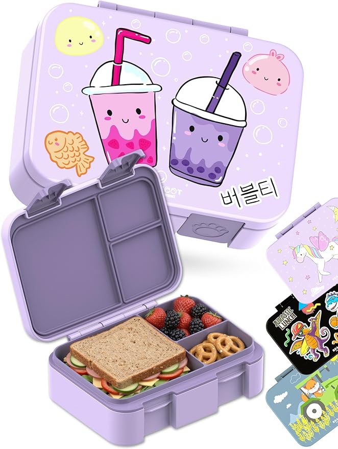 BEARFOOT Kids Lunch Box with Compartments – Compact & Lightweight | Leak-Proof, BPA-Free, Dishwasher & Microwave Safe | Hand-Drawn Design for Preschool, School, Travel (BubbleTea Purple, 2.75 Cups)