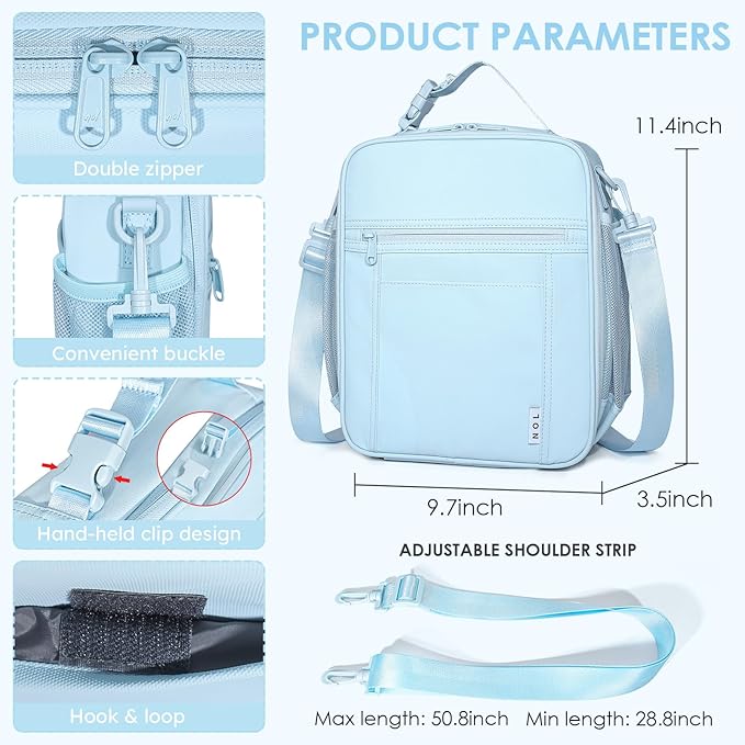 NOL Nylon Waterproof Kids Lunch Bag, Insulated Lunch Bag, Lunch box Cooler, Reusable, Zip Closure with Buckle Handle Holds Lunch Box, Snacks & Water Bottle for School Work, Light blue