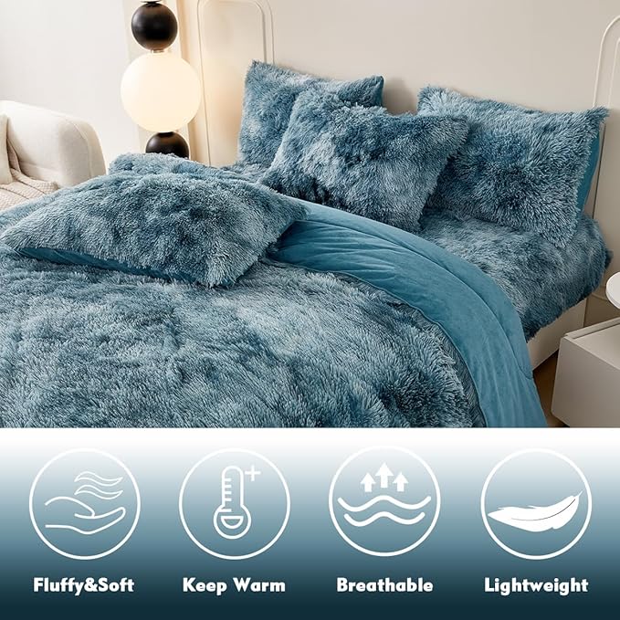 PERFEMET Fuzzy Faux Fur Comforter Set Queen Size 3 Pcs Colorful Plush Shaggy Tie Dye Teal Blue Bedding Set Ultra Soft Comfy Fluffy Furry Velvet Quilt Set(Turquoise, Queen)