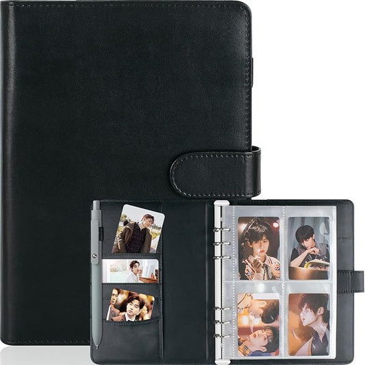 Kpop Photocard Binder, PU Leather A5 Photocard Holder with 200 Pocket, K-Pop Korean Pop Photocard Holder Binder Book, 4 Photo Style Photo Card Album Trading Cards Organizer(Black)