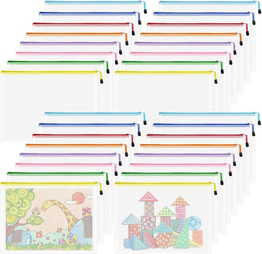 Mesh 32pcs Zipper Pouch Bags - A3 Size, 8 Color Mesh Zipper Pouches for Organizing, Board Game, Travel, School & Office