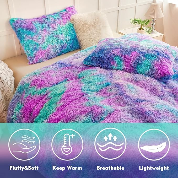 PERFEMET Fuzzy Girls Twin Comforter Set 3 Pieces Colorful Purple and Teal Faux Fur Fluffy Bedding for Kids Teens Ultra Soft Warm Tie Dye Velvet Plush Shaggy Bed Comforter Sets(Purple Teal, Twin)