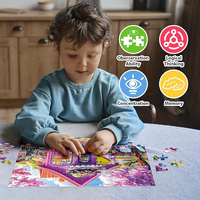 4 Packs 100 Piece Puzzles for Kids - Food Animals Scenery, Large Piece Puzzles for Seniors Adults Kid Puzzle Ages 5-8 Jigsaw Puzzle for Kids Ages 6-8 8-10 Learning Educational Toys