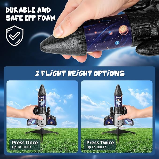 VisionX Rocket Launcher for Kids, 2nd Gen Improved Design, Launch Up to 200ft, Auto-Launch Rocket Toy with Parachute, Outdoor Toys for Ages 5-13, for Boys & Girls, Black
