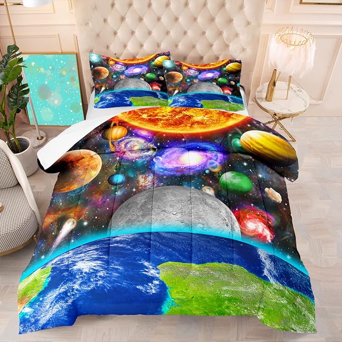 Space Bedding Solar System Twin Comforter Set for Boy Galaxy Outer Space Room Decor for Boys Bedroom Bedding Set Twin Size Galaxy Earth Planets Quilt Set with 1 Comforter 1 Pillowcase