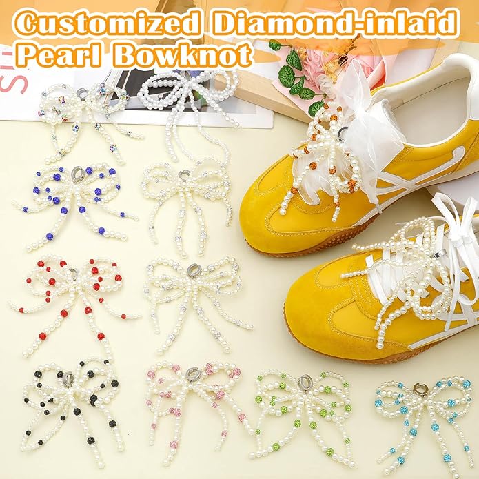 DELELE Pearl Bowknot Shoe Charms: Pearls Bow Sneakers Decorations for Women 2Pcs