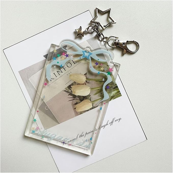 Blue Bow Acrylic Kpop Photocard Holder with Metal Keychain, Fits Standard 3-Inch Kpop Cards, Portable ID Badge Holder for Collectible Cards, Personal or Fan Gift Accessory