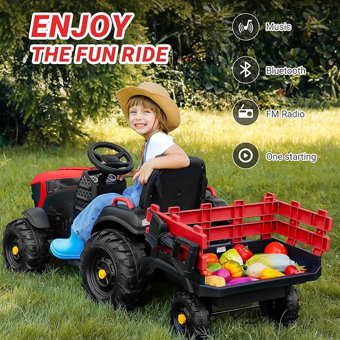 ELEMARA 24V 9AH Ride on Tractor Toys for Big Kids with Easy Detachable Trailer, 400W Electric Vehicles car, All-Terrain Capability, 3 Point Seat Belt for Ages 3+, Max 4.5 mph, Music, Deep Red