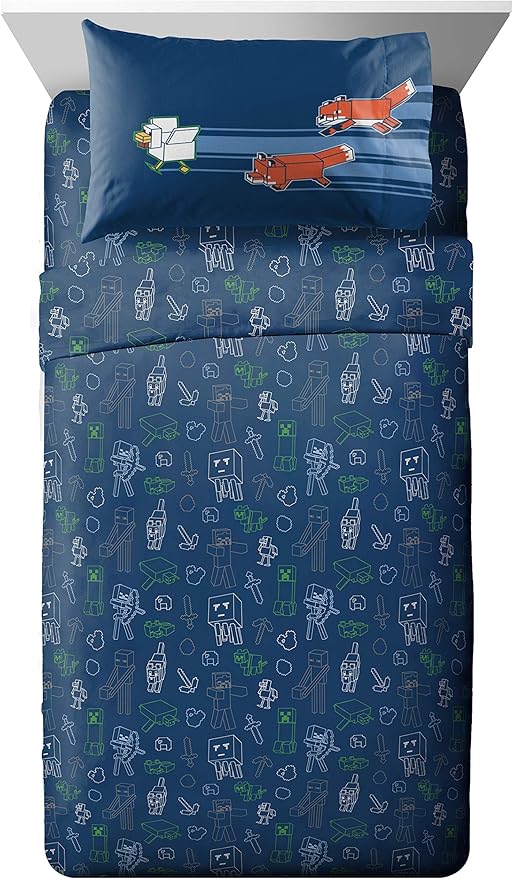 Jay Franco Minecraft 5 Piece Twin Bedding Set - Includes Reversible Comforter, Sheets and Pillowcases - Features Creeper, Ghost, Zombie and Enderman