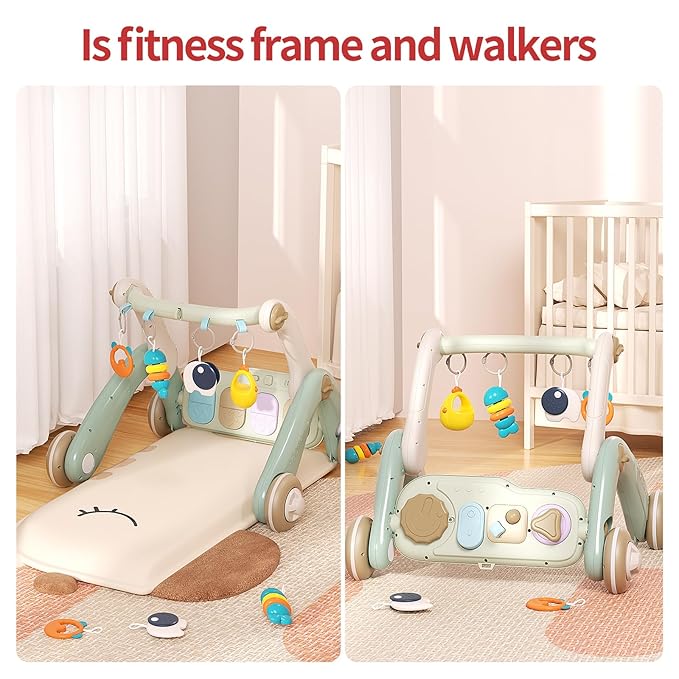 2 in 1 Baby Gym with Walker,Baby Play Mat with 4 Infant Learning Sensory,Double-Sided Multifunctional Removable Play Piano Panel,Sit-to-Stand Learning Walker for 0-24 Months Boy Girl [White]