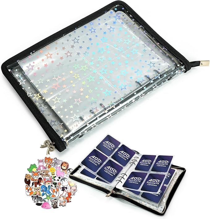 4 Pocket Card Binder with 20 Stickers, Trading Card Binder for 400 Cards, Card Collection Binder, Cute Mini Cards Binder, Sticker Organizer, Kpop Photocard Binder (Black)