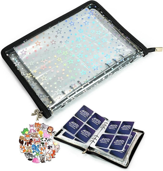4 Pocket Card Binder with 20 Stickers, Trading Card Binder for 400 Cards, Card Collection Binder, Cute Mini Cards Binder, Sticker Organizer, Kpop Photocard Binder (Black)