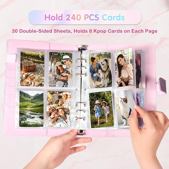 A5 Kpop Photocard Binder with 30 Pack 4-Pocket Card Pages, 6 Ring A5 Binder Card Collector Album with 240 Card Slots,PU Leather Binder Cover with Magnetic Buckle Closure for Organizing Trading Card