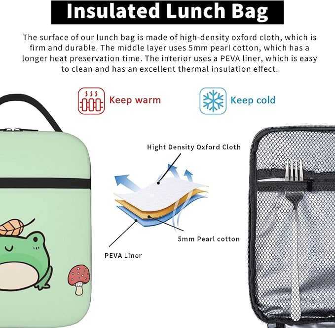 Frog and Mushroom Lunch Box Girls Boys Insulated Lunch Bag Reusable Lunchbox with Side Pocket, Cute Lunch Box for Girls Boys, Waterproof Lunch Tote Bag for Women Men Kids Work Office School Picnic