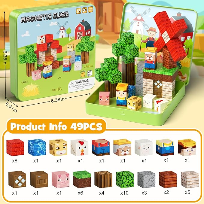 49 Pcs Farm Animals Magnetic Building Blocks Set for Toddlers 3-5, Travel Toys with Iron Storage Box, Magnetic Tiles & Cubes for Kids Ages 4-8, STEM Learning, Portable Play Base for Car Plane Trips