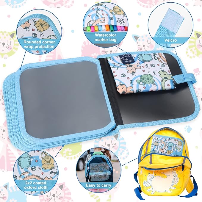 Erasable Book Doodle Set for Kids,Reusable Magic Drawing Book for Kids with 12 Watercolor Pens 14 Page Drawing,Road Trip Car Game Writing Painting Set for Boys and Girls (Arch Bridge Cat)