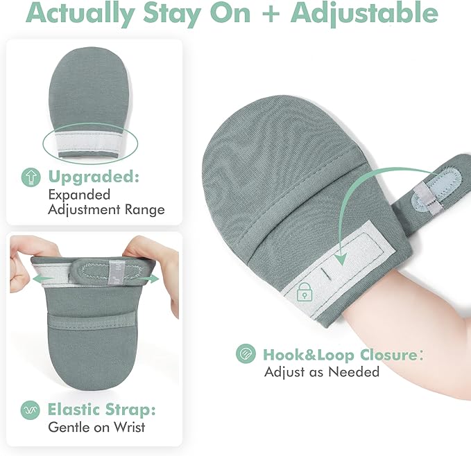 HAPIU Baby No Scratch Mittens Stay On, 100% Cotton Breathable, Adjustable Infant Gloves for Boys Girls, Newborn - 12 M