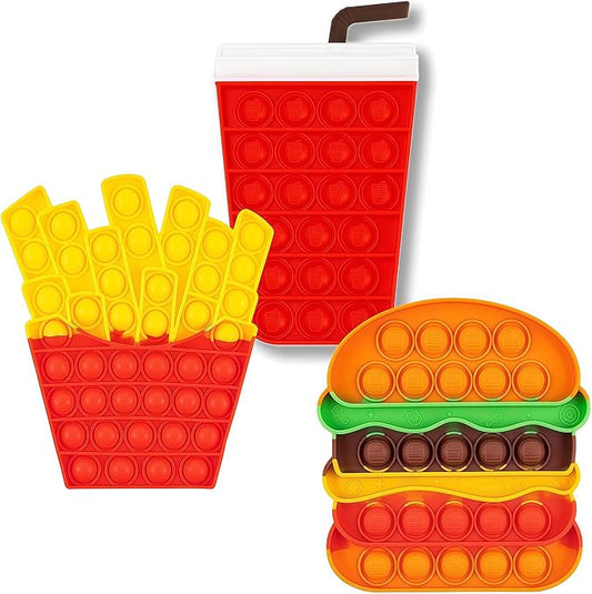 3 Pcs Fidget Sensory Toys, Push Bubble Poppers Hamburger French Fries Drinks Bulk Sets,Silicone Stress Relief Toy for Toddler Kids Boys Girls Adults,Birthday Gifts Party Favors,Classroom Prizes