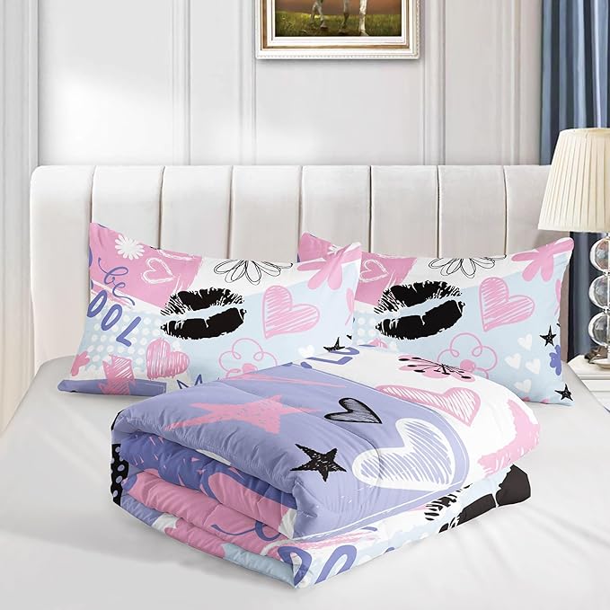 Kids Comforter Set Cute Doodles Printed Pattern Bedding Set with 1 Comforter and 2 Pillowcases for Girls Boys Bedroom All Season(Cute Doodles Twin)