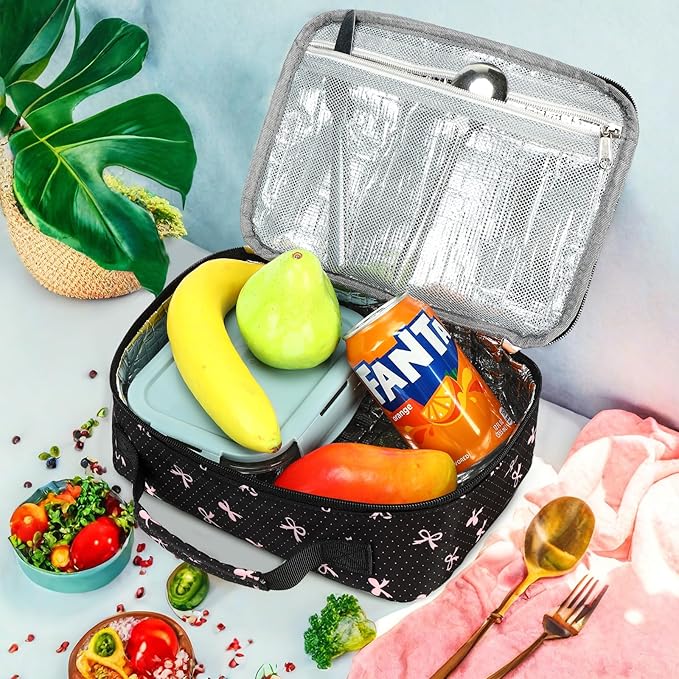 LEDAOU Lunch Box Kids Insulated Lunch Bag Girls Toddler Reusable Lunchbox for School Picnic Hiking (Black-Pink Bow)