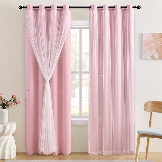 XiDi Blackout Light Pink Curtains Star with Sheer Overlay for Girls Bedroom Living Room 84 Inches Long 2 Panels Nursery Kids Princess Room Darkening Drapes Grommet Window Curtains Baby Pink 34x84