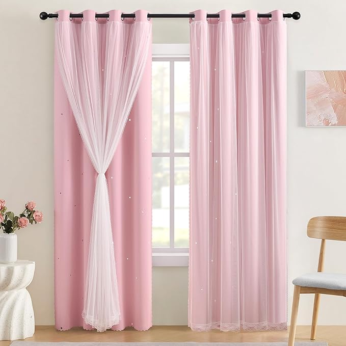 XiDi Star Blackout Curtains for Bedroom 72 Inch Length 2 Panels Pink Curtains with Sheer Overlay for Girls Kids Privacy Thermal Insulated Rod Pocket Window Curtains for Patio French Door W52 x L72