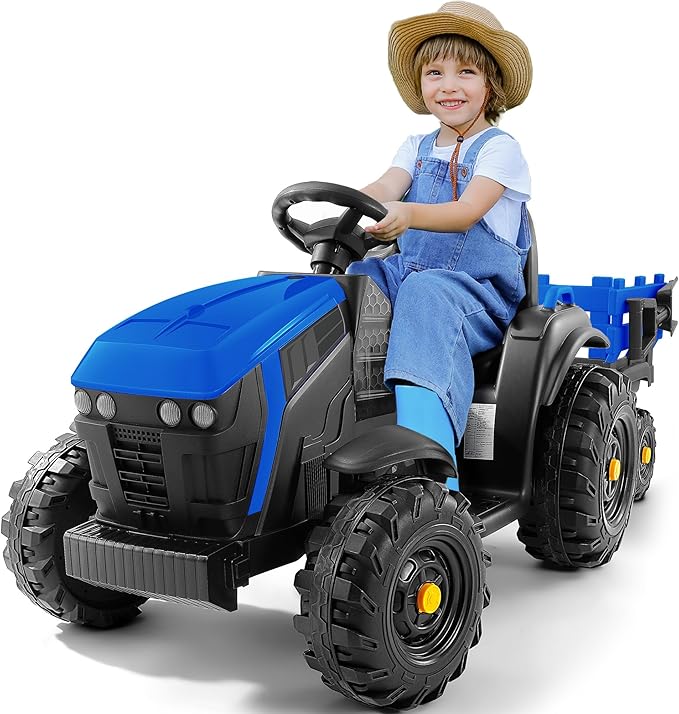 ELEMARA 24V 9AH Ride on Tractor with Easy Detachable Trailer, 24V Ride on Toys for Big Kids, 400W Electric Vehicles Ride On Tractor Car with Shovel, All-Terrain Capability, for Ages 3+, Music, Blue